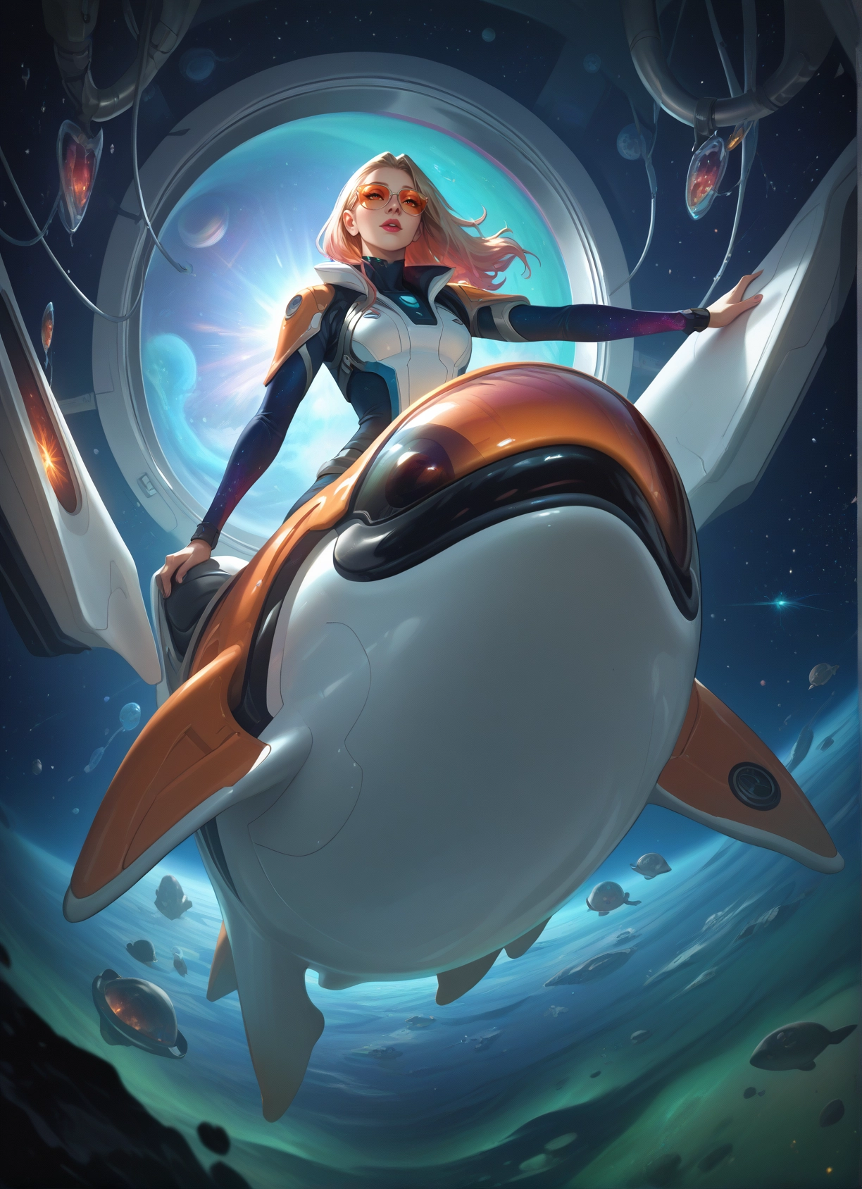 1girl, space, solo, long hair, planet, breasts