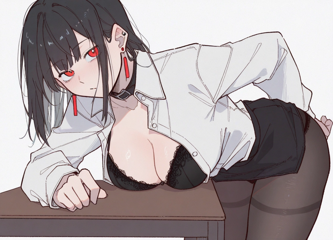 1girl, breasts, pantyhose, underwear, bra, red eyes · Yamete.gg