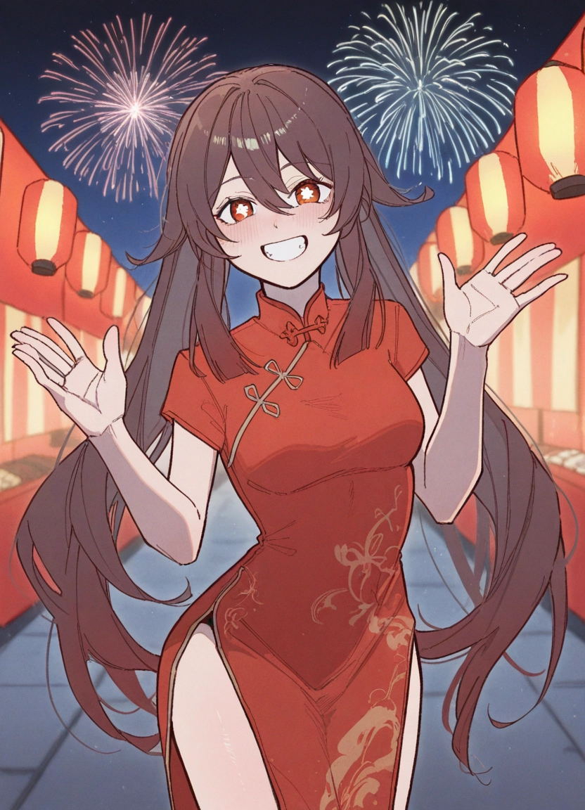 1girl, chinese clothes, smile, dress, china dress, fireworks · Yamete.gg