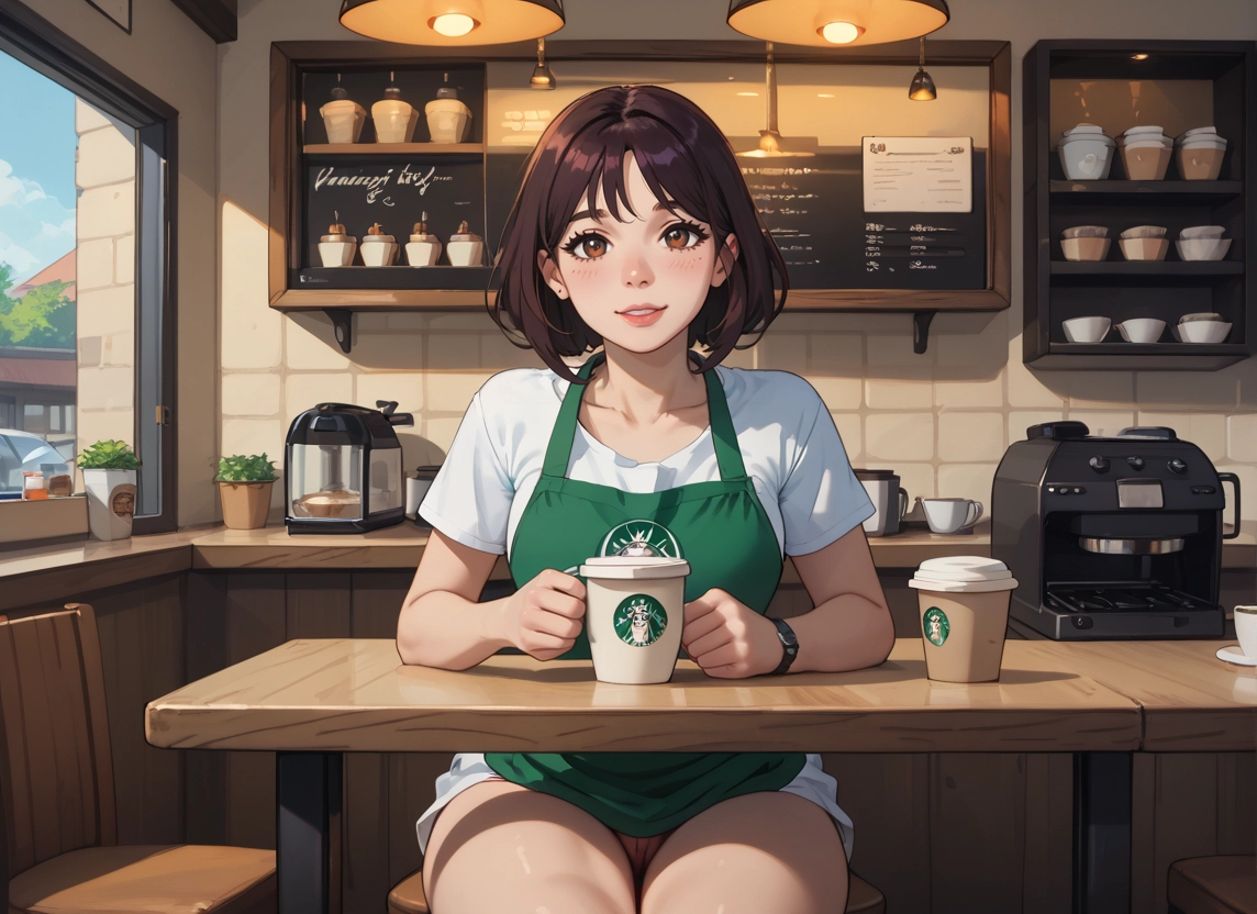cafe, 1girl, sitting, cup, solo, indoors · Yamete.gg