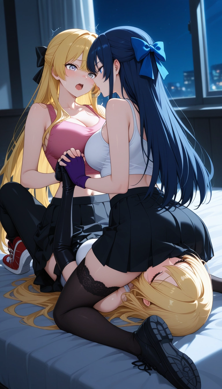 breasts, multiple girls, yuri, skirt, thighhighs, blonde hair · Yamete.gg