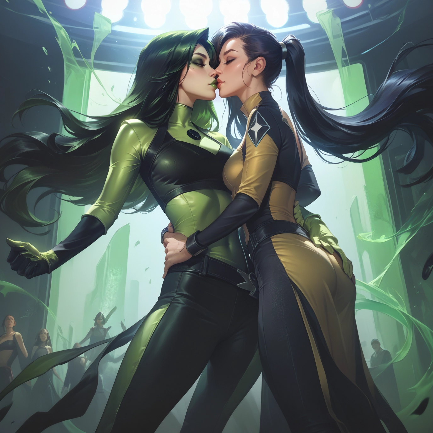 multiple girls, green hair, long hair, yuri, bodysuit, ass · Yamete.gg