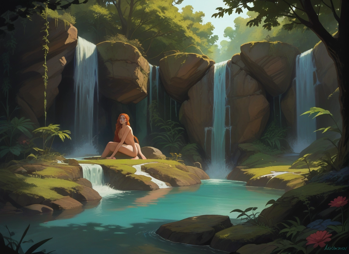 1girl, nude, water, waterfall, long hair, solo · Yamete.gg