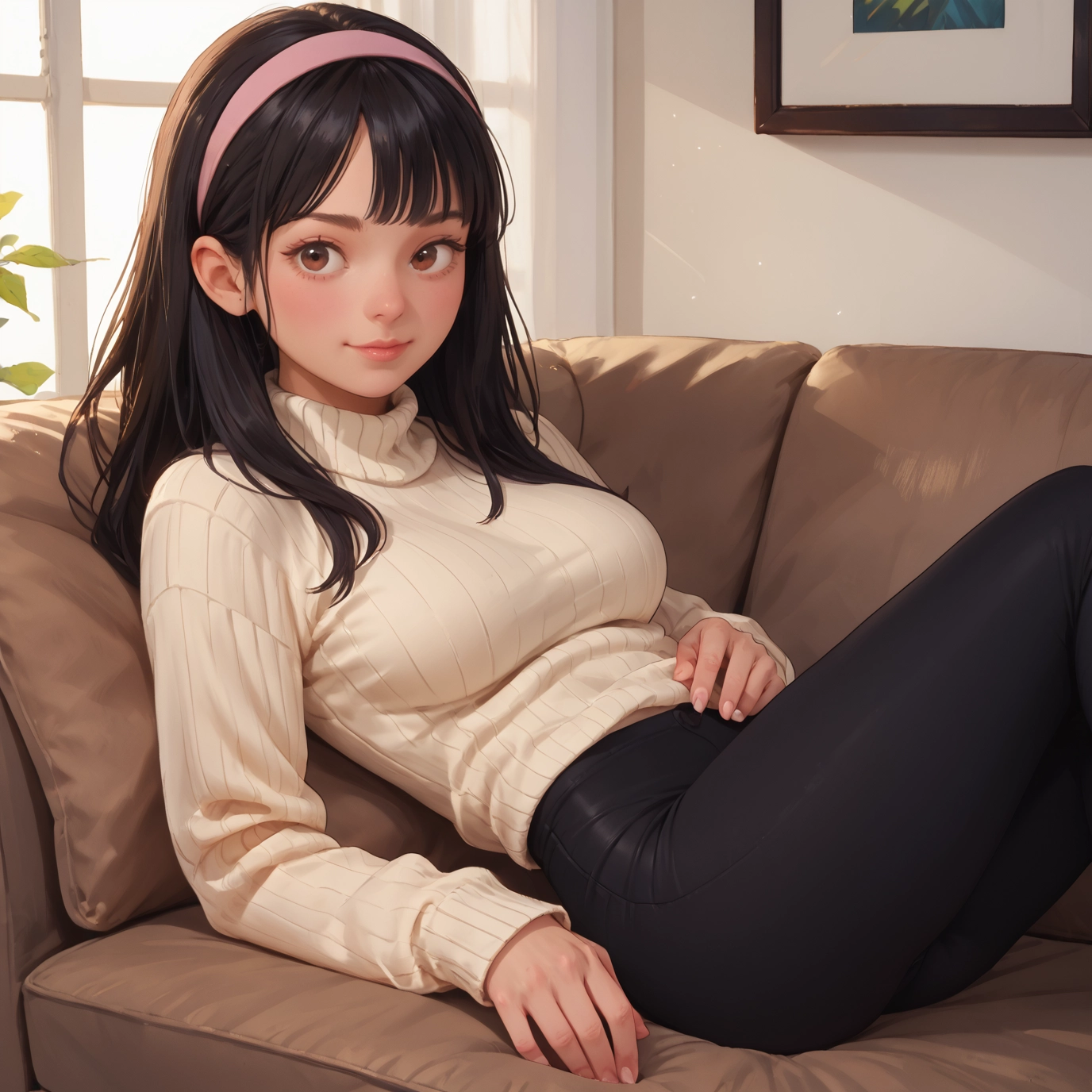 1girl, solo, sweater, hairband, breasts, pants · Yamete.gg