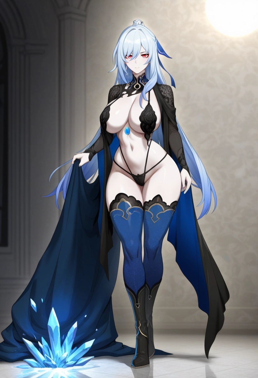 1girl, breasts, thighhighs, solo, long hair, red eyes