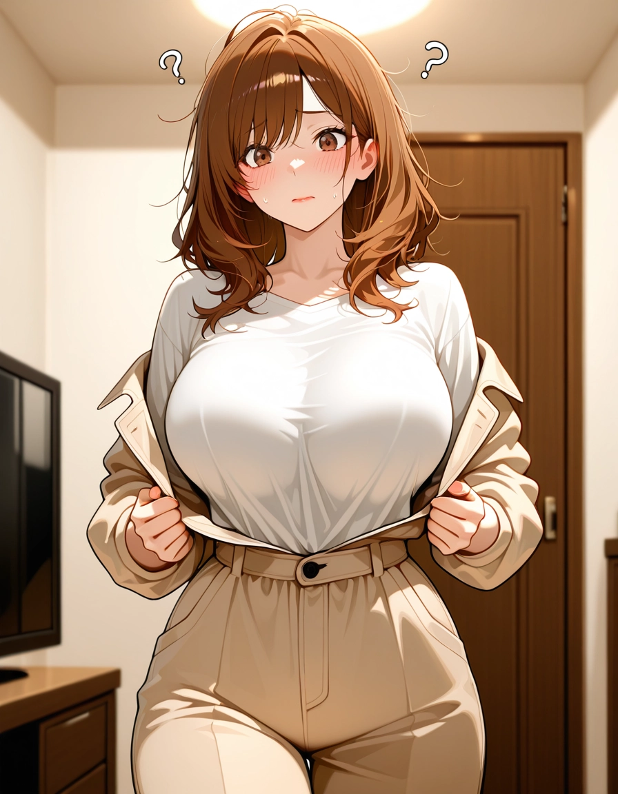 1girl, breasts, brown hair, solo, shirt, shirt tucked in · Yamete.gg