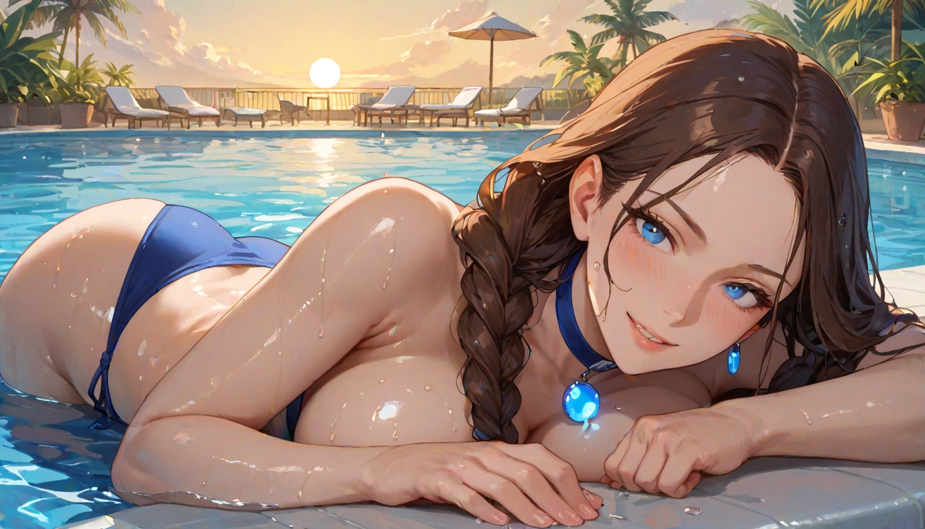 1girl, breasts, blue eyes, pool, brown hair, swimsuit · Yamete.gg