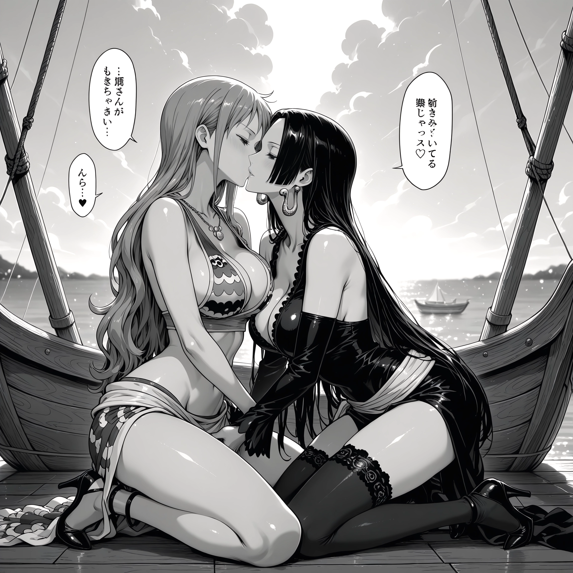 multiple girls, 2girls, breasts, monochrome, greyscale, long hair · Yamete.gg
