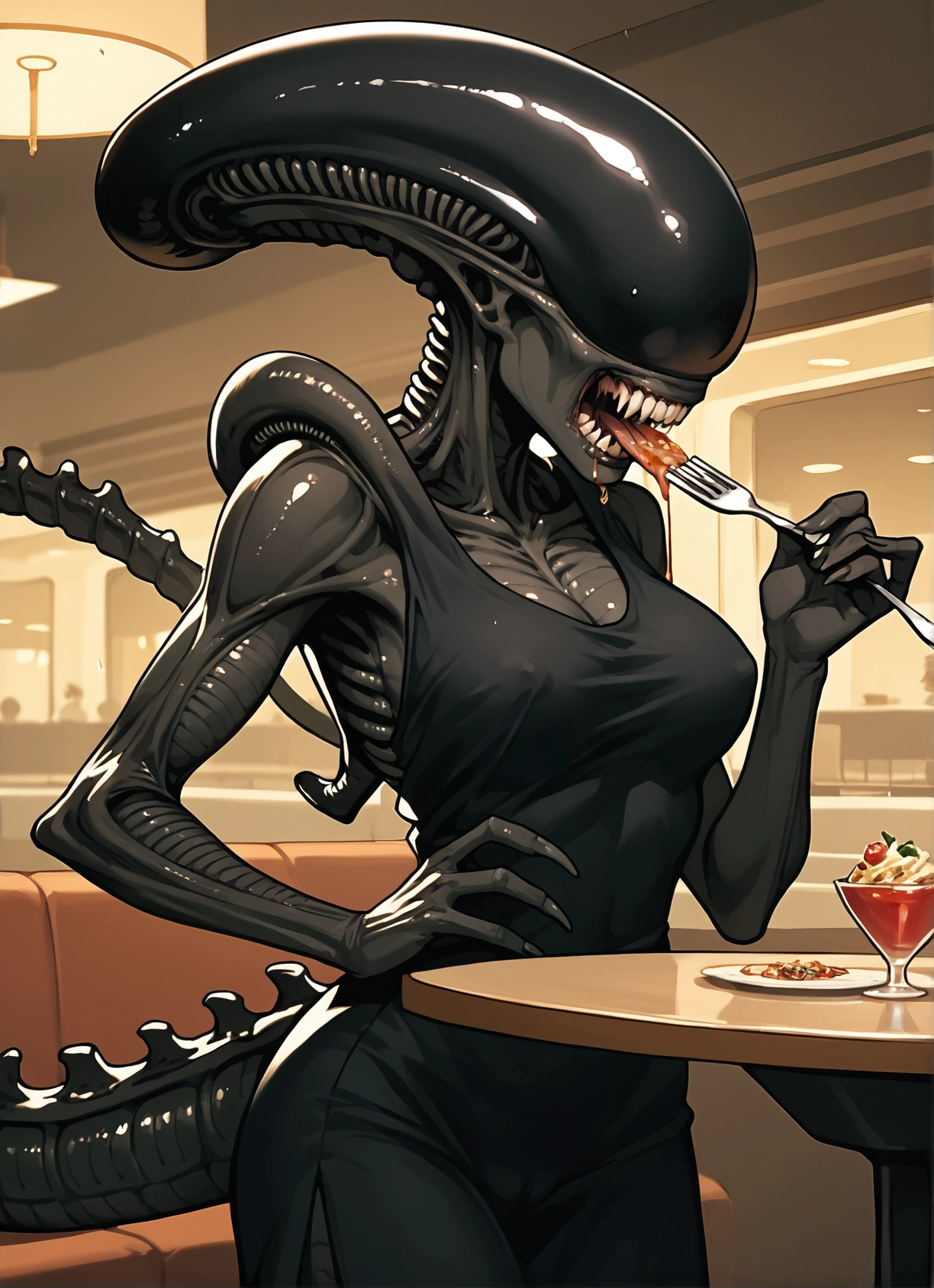 1girl, breasts, fork, food, teeth, covered nipples · Yamete.gg