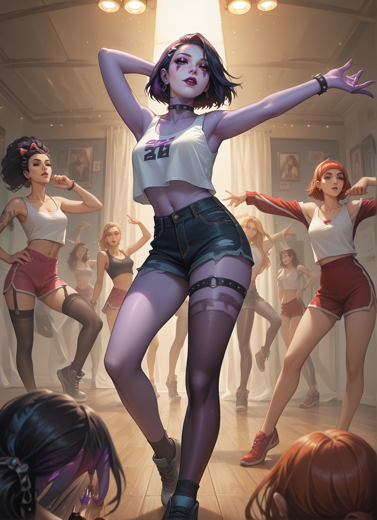 multiple girls, shorts, thighhighs, purple skin, jewelry, colored skin · Yamete.gg