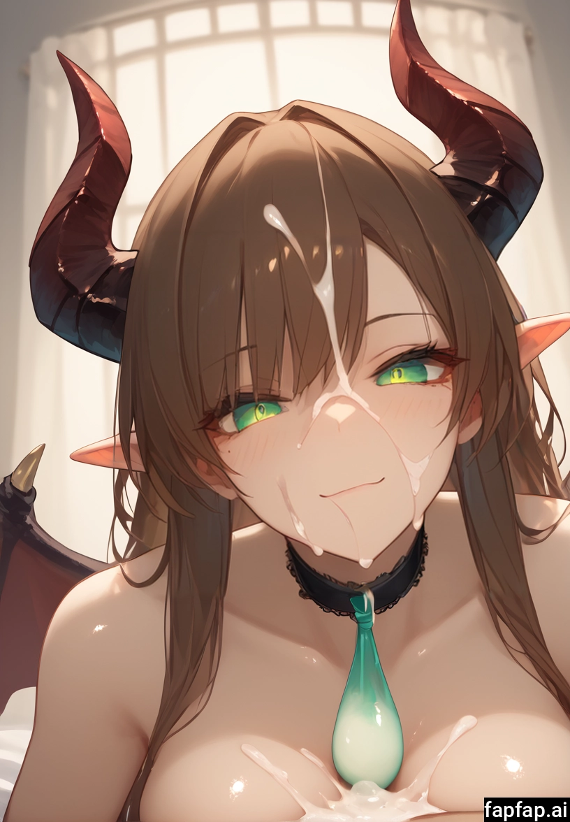 1girl, horns, breasts, used condom, cum, green eyes
