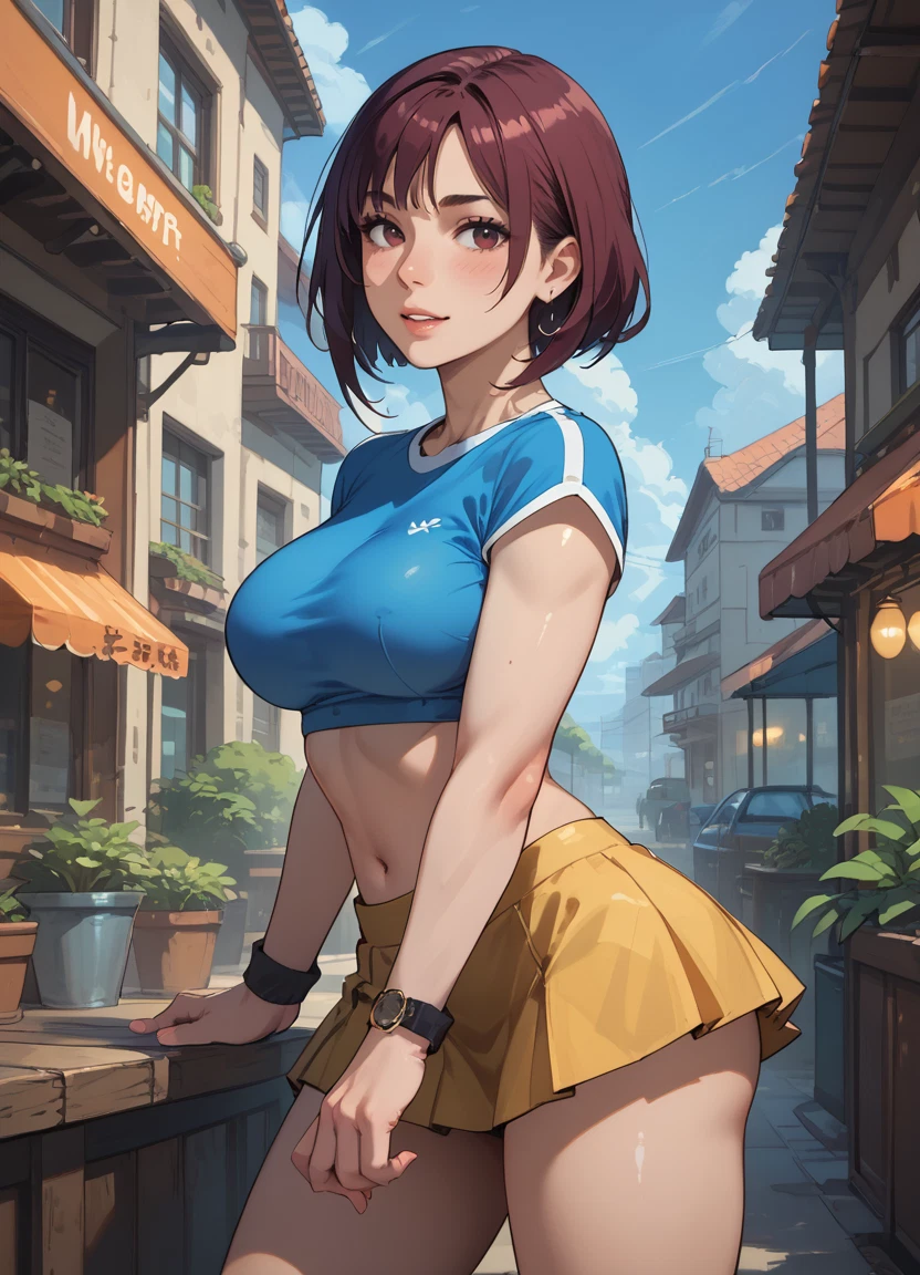 1girl, breasts, skirt, solo, blue shirt, yellow skirt · Yamete.gg