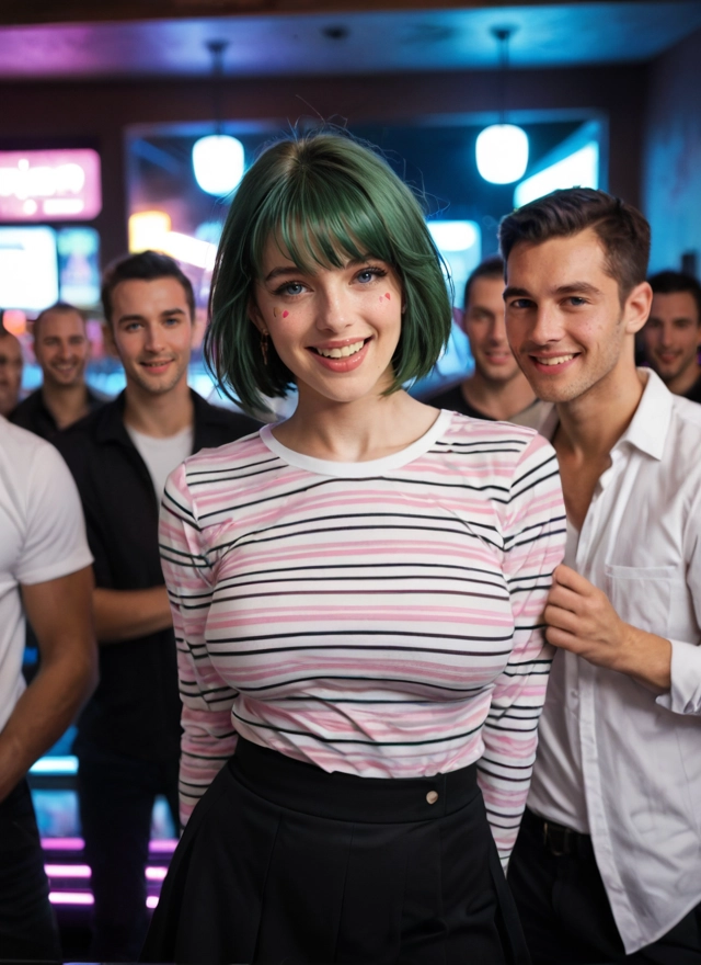 1girl, multiple boys, shirt, striped, smile, earrings · Yamete.gg