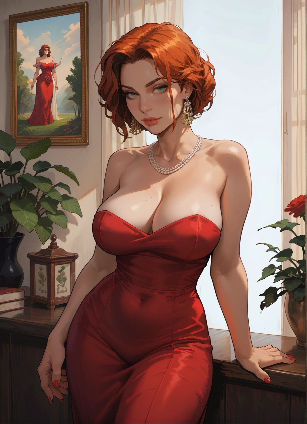 breasts, dress, jewelry, earrings, large breasts, necklace · Yamete.gg