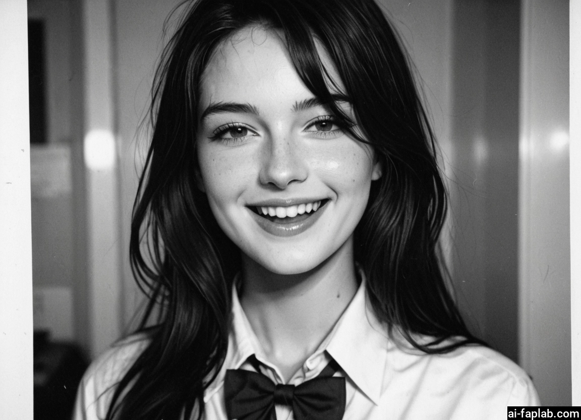 1girl, greyscale, monochrome, solo, smile, freckles