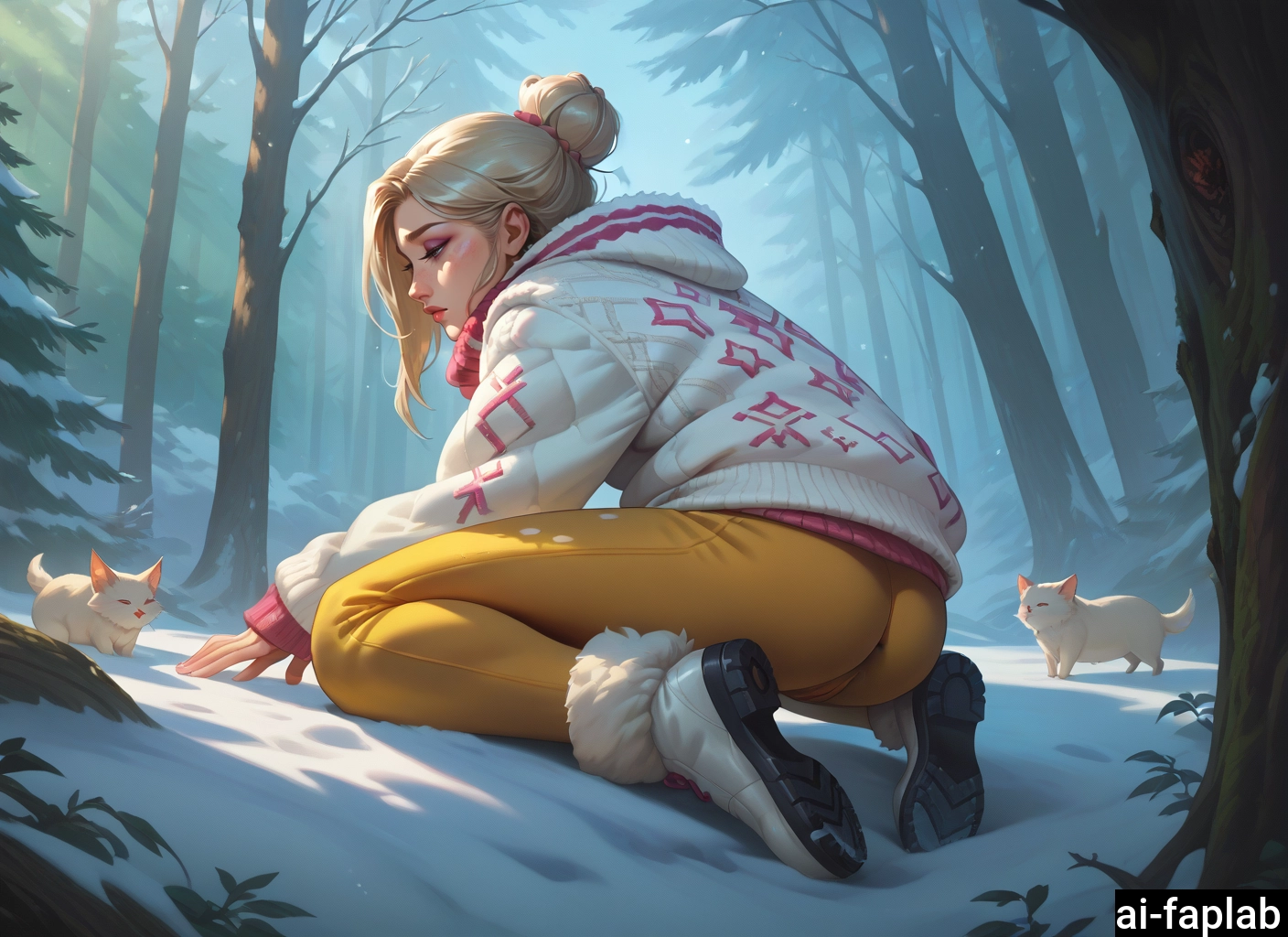 1girl, snow, forest, outdoors, nature, blonde hair · Yamete.gg