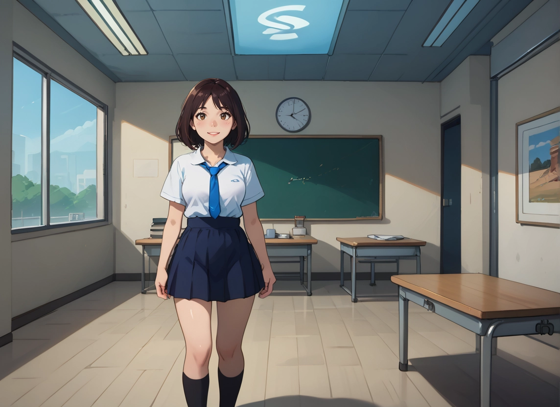 1girl, indoors, skirt, solo, classroom, desk · Yamete.gg