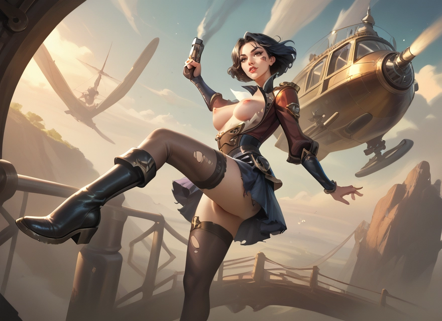 1girl, breasts, weapon, nipples, gun, thighhighs · Yamete.gg