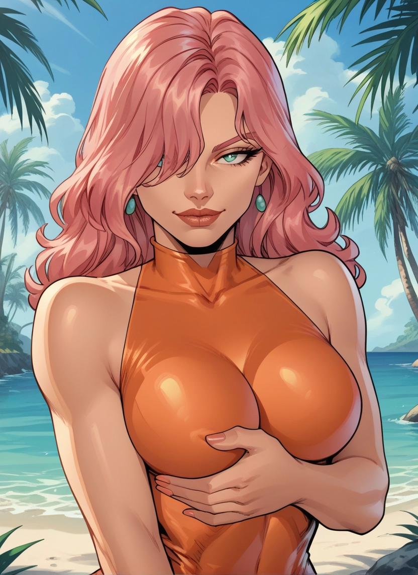 1girl, breasts, jewelry, solo, pink hair, earrings
