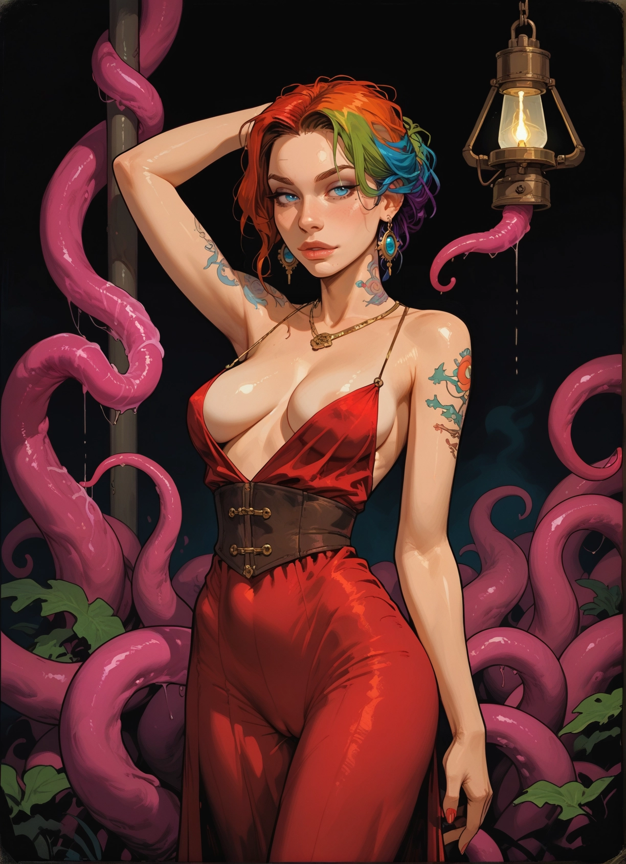 1girl, breasts, tentacles, jewelry, earrings, tattoo · Yamete.gg