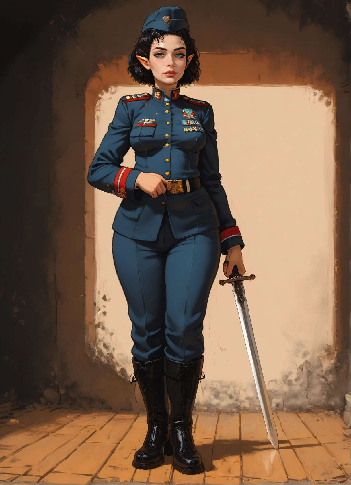 1girl, weapon, solo, sword, uniform, boots