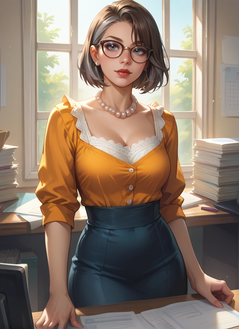 1girl, breasts, jewelry, glasses, skirt, solo · Yamete.gg