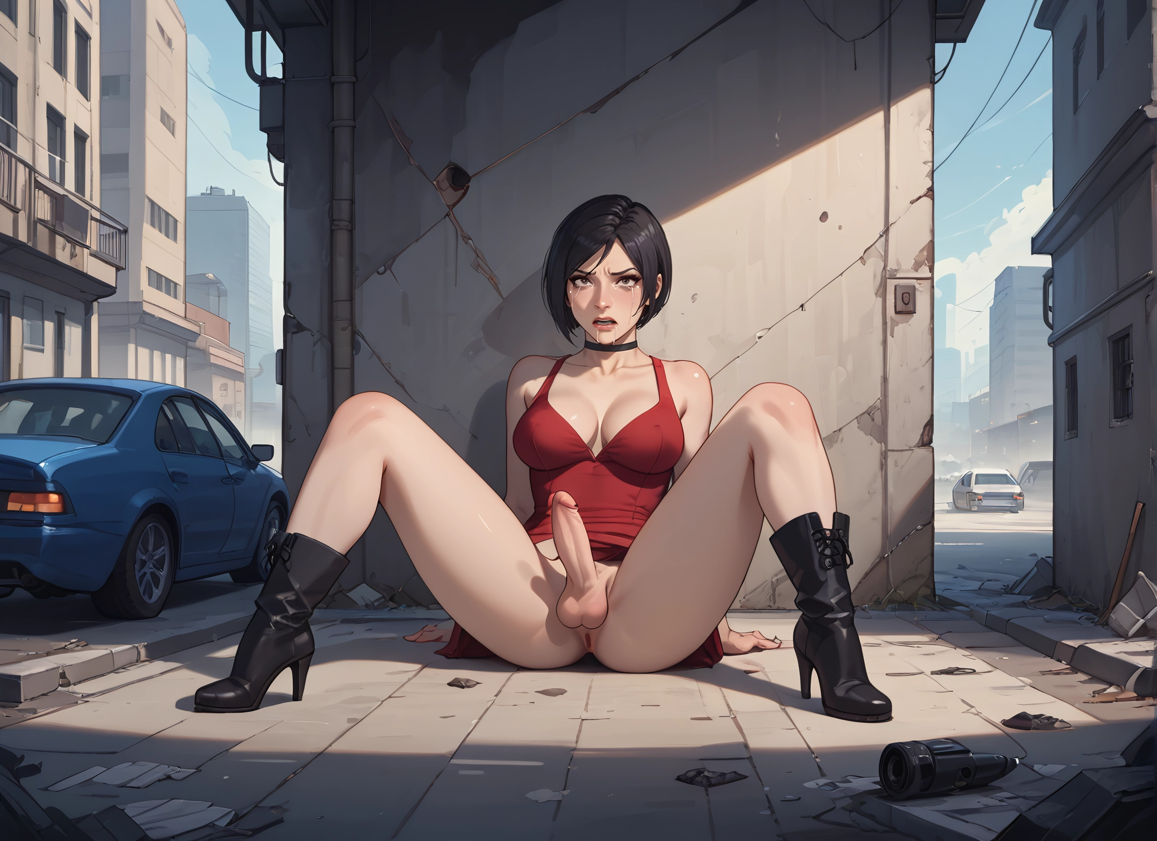 futanari, penis, 1girl, breasts, motor vehicle, ground vehicle · Yamete.gg