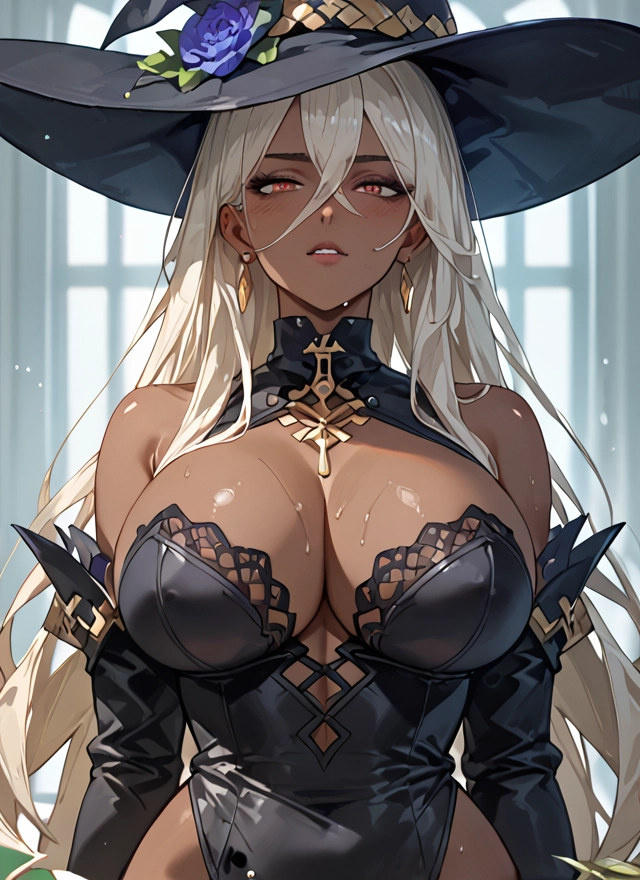 breasts, 1girl, hat, witch hat, long hair, jewelry
