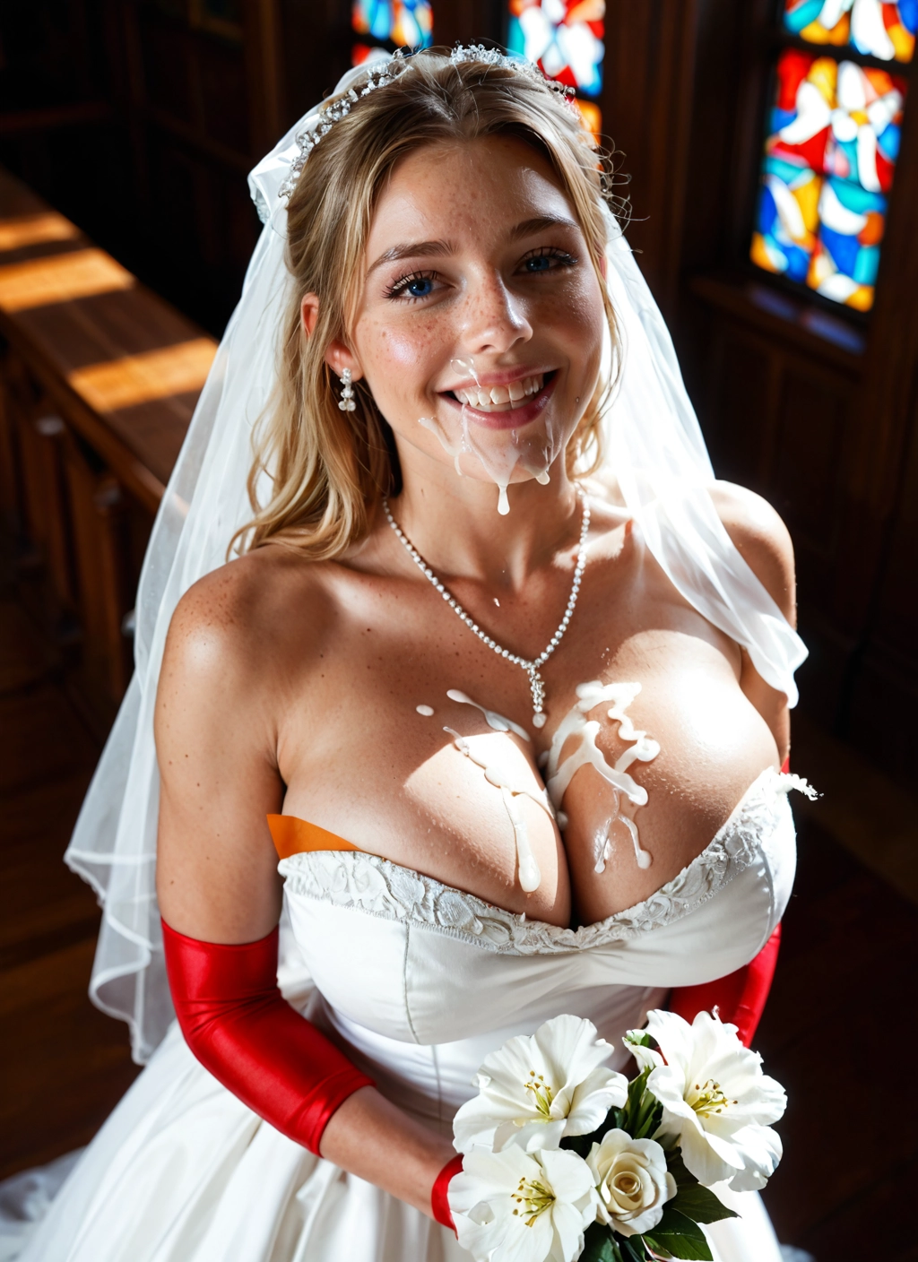 1girl, breasts, dress, flower, cum, wedding dress · Yamete.gg
