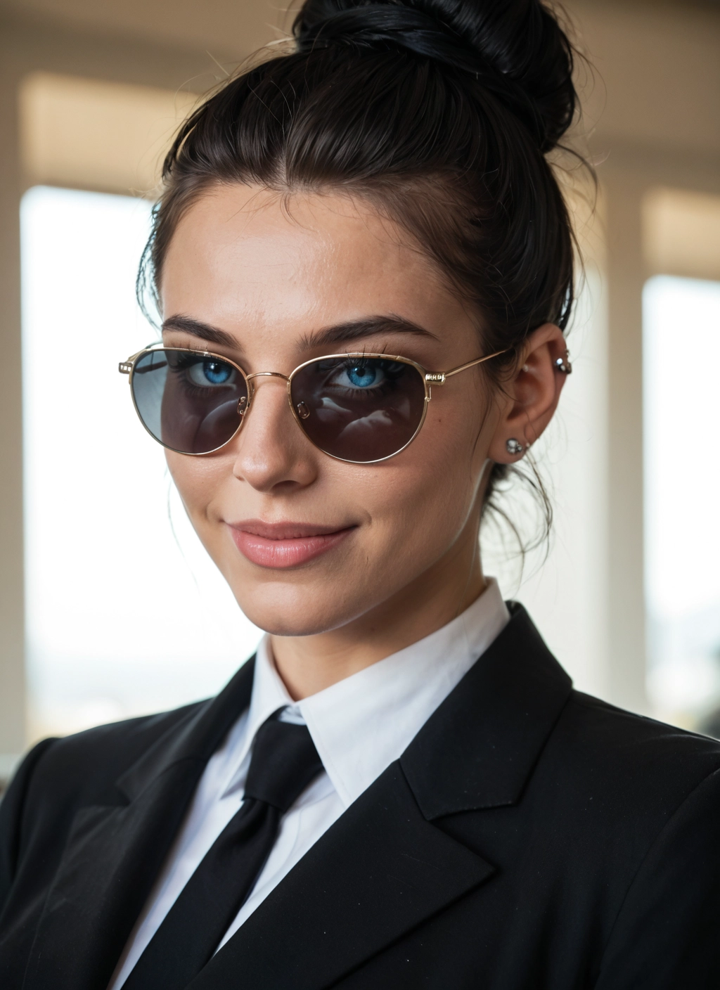 solo, 1girl, necktie, blue eyes, sunglasses, hair bun · Yamete.gg