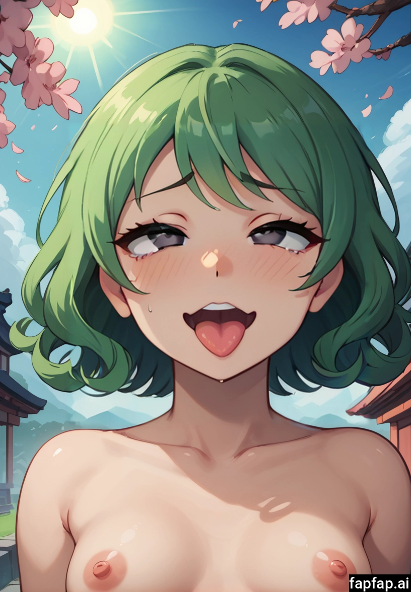 1girl, breasts, nipples, solo, outdoors, green hair