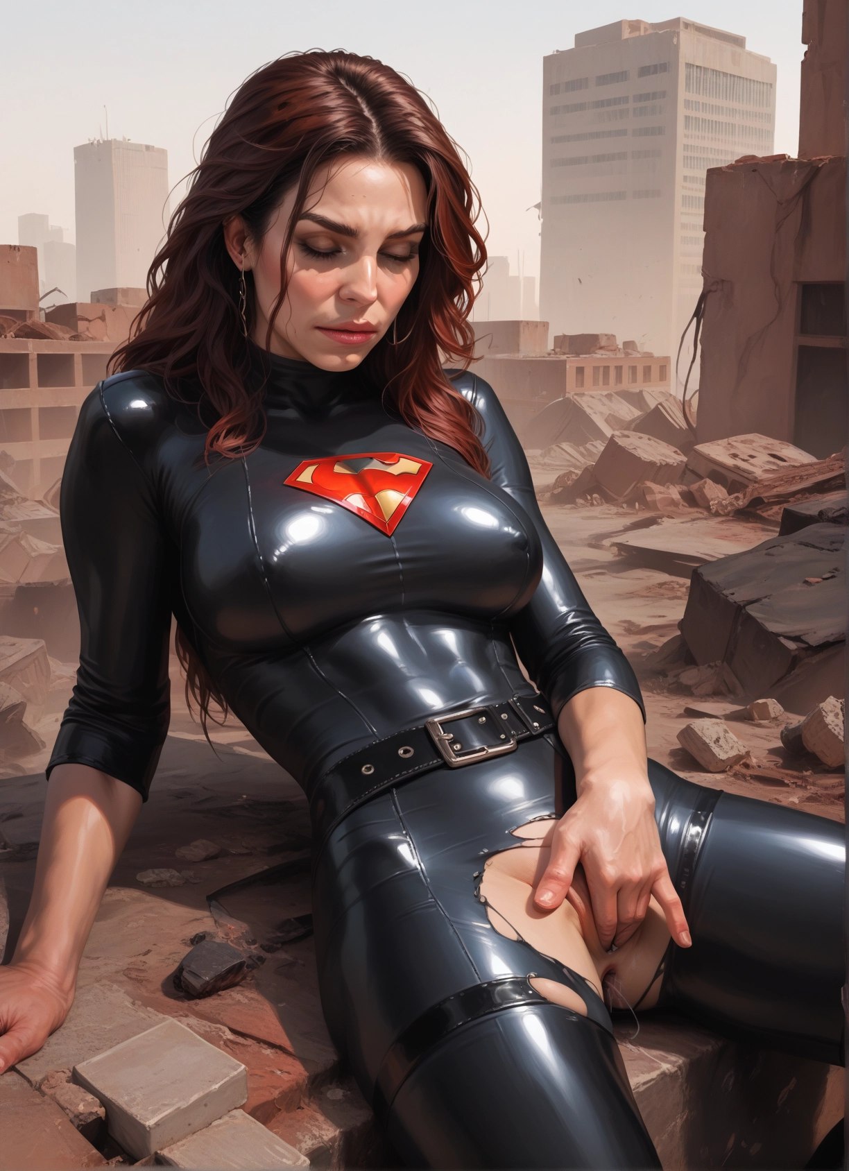 1girl, solo, torn clothes, bodysuit, breasts, brown hair · Yamete.gg