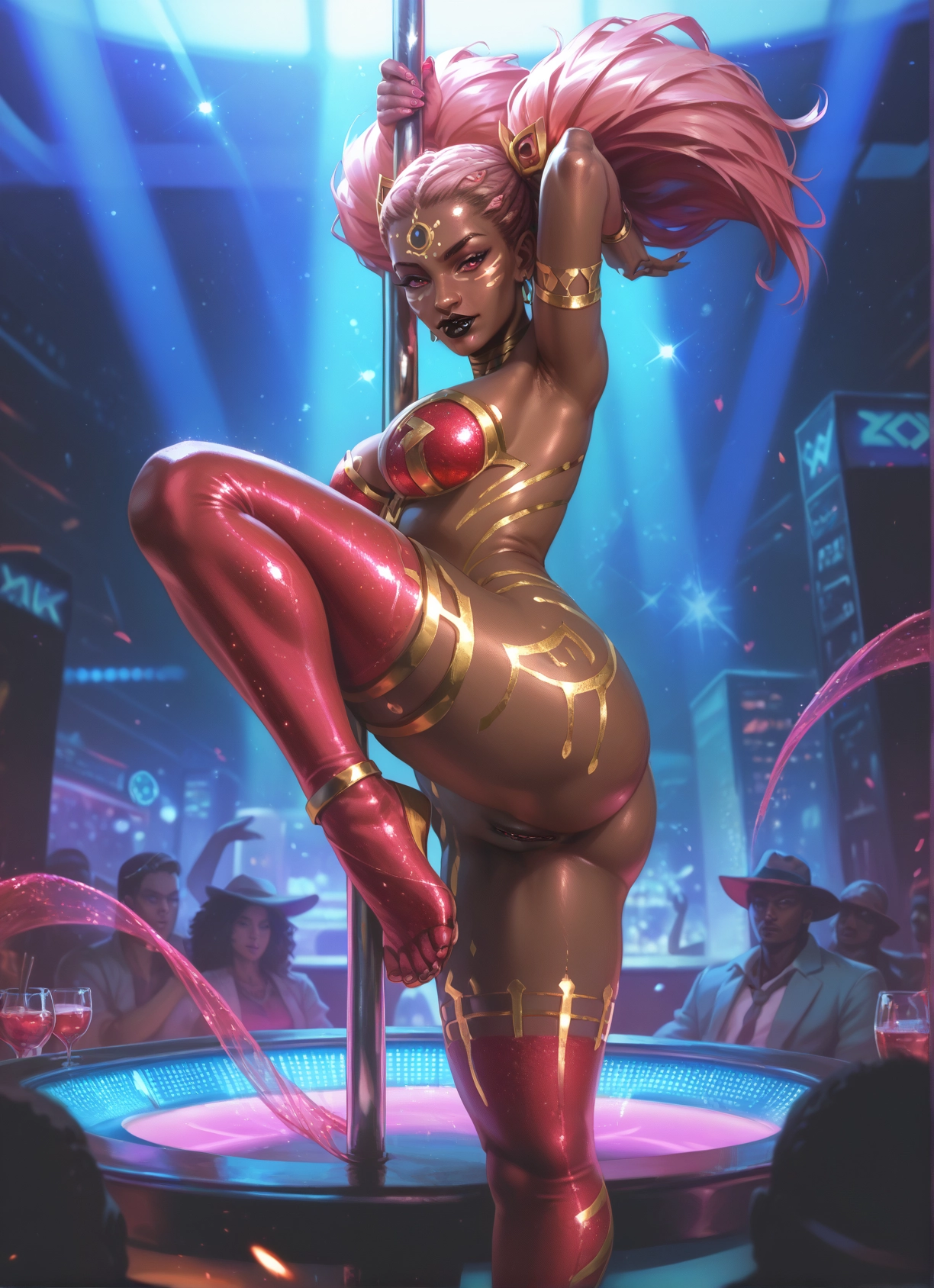 pussy, breasts, pink hair, stripper pole, pole dancing, twintails · Yamete.gg