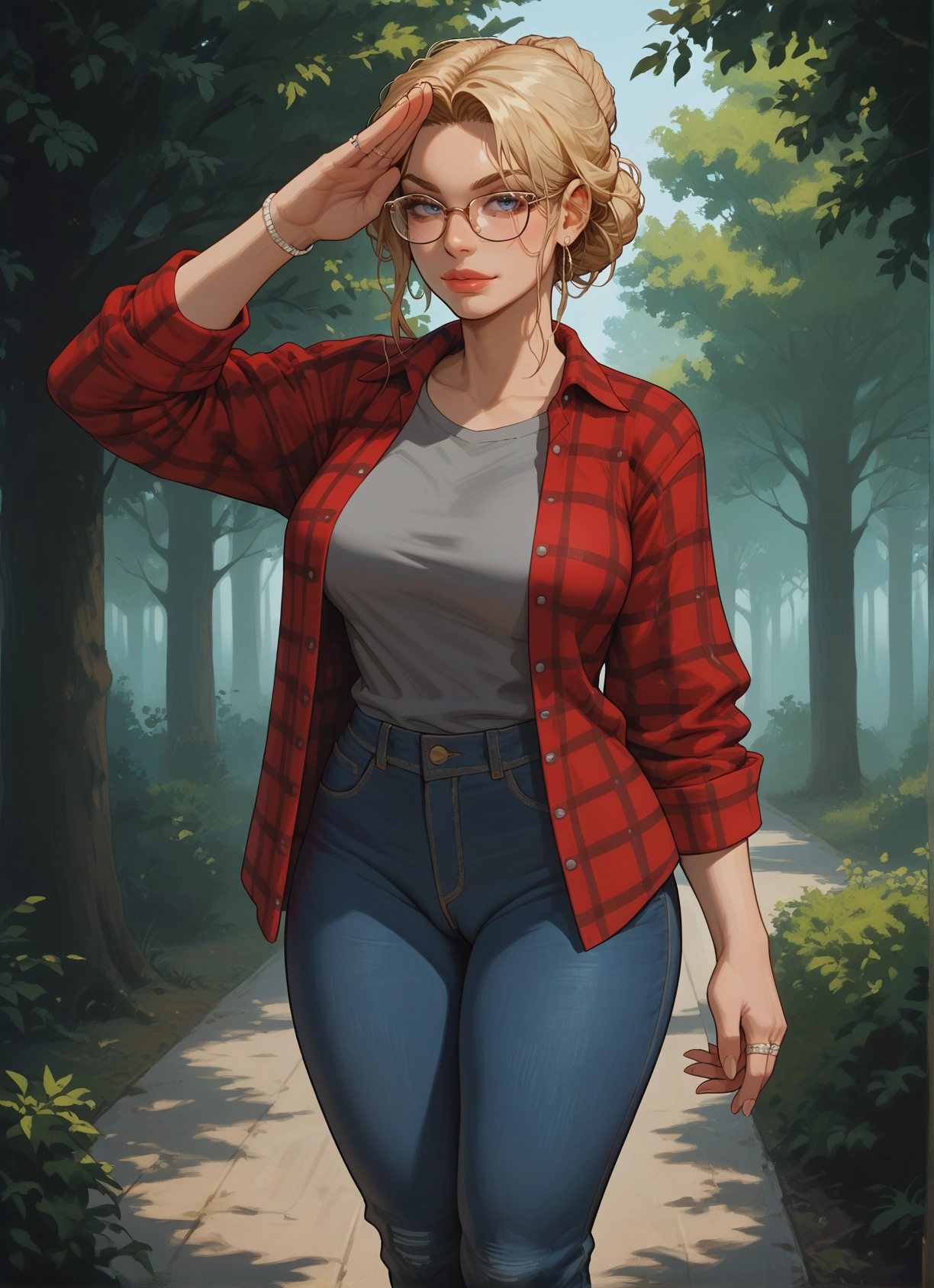 1girl, blue eyes, pants, jewelry, blonde hair, glasses · Yamete.gg