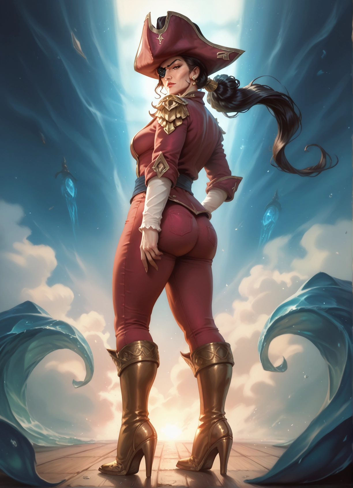1girl, ass, hat, boots, eyepatch, high heels · Yamete.gg
