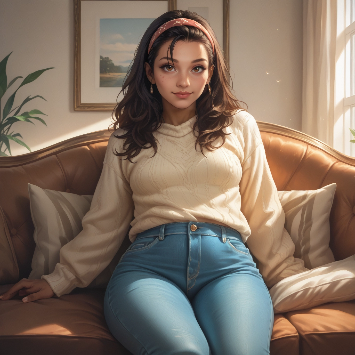 1girl, solo, pants, jewelry, sweater, denim · Yamete.gg