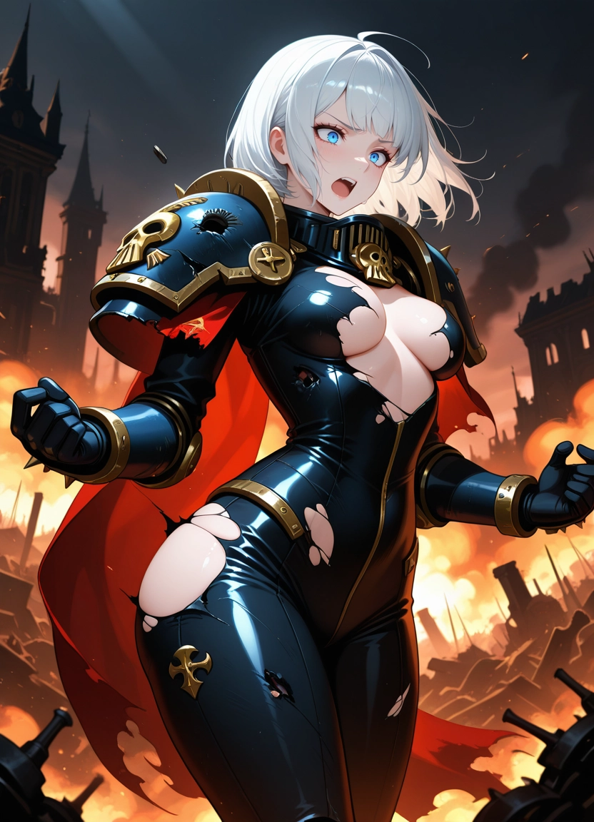 1girl, breasts, torn clothes, blue eyes, bodysuit, cape · Yamete.gg