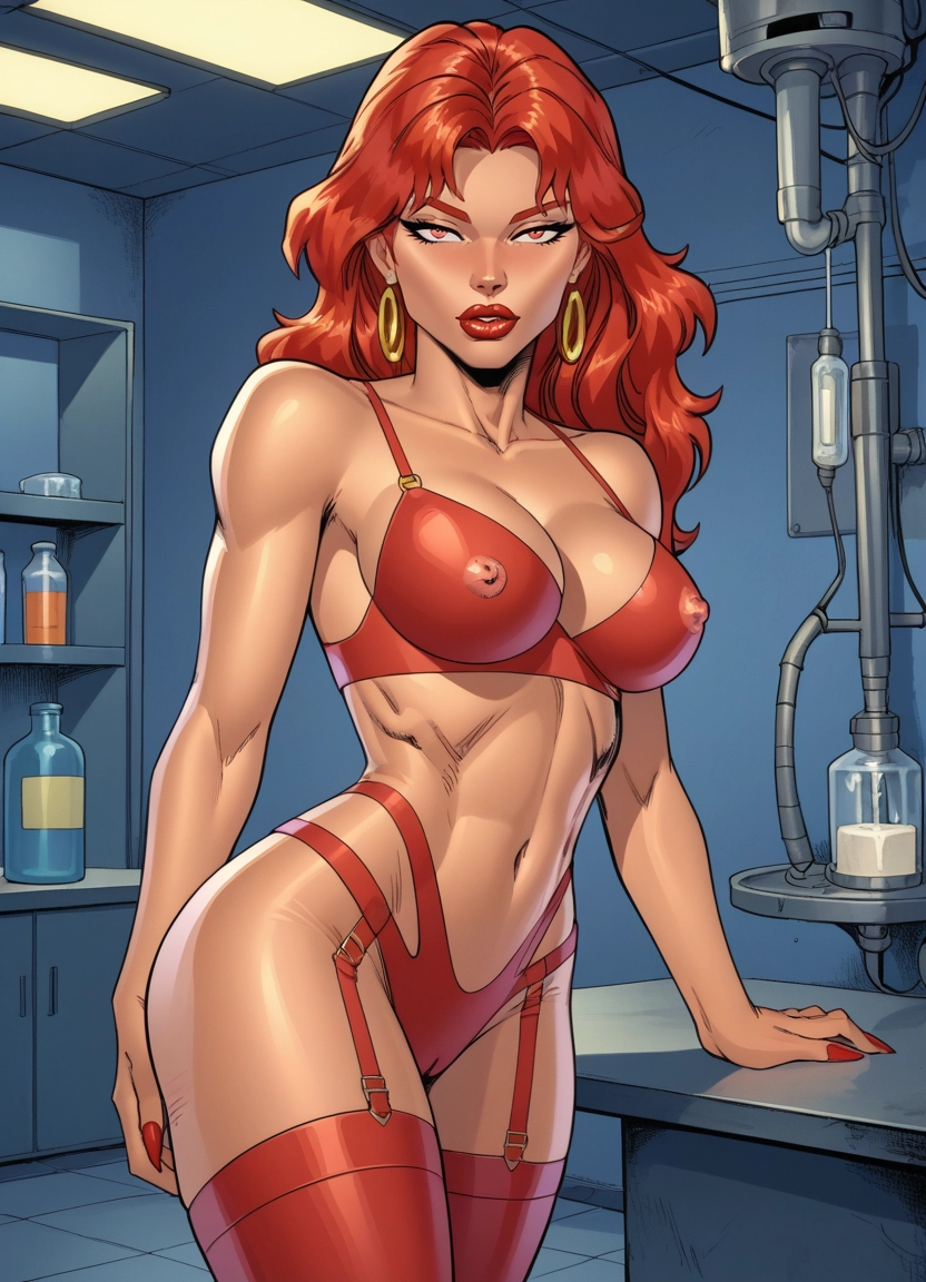 1girl, breasts, solo, underwear, red hair, red lips