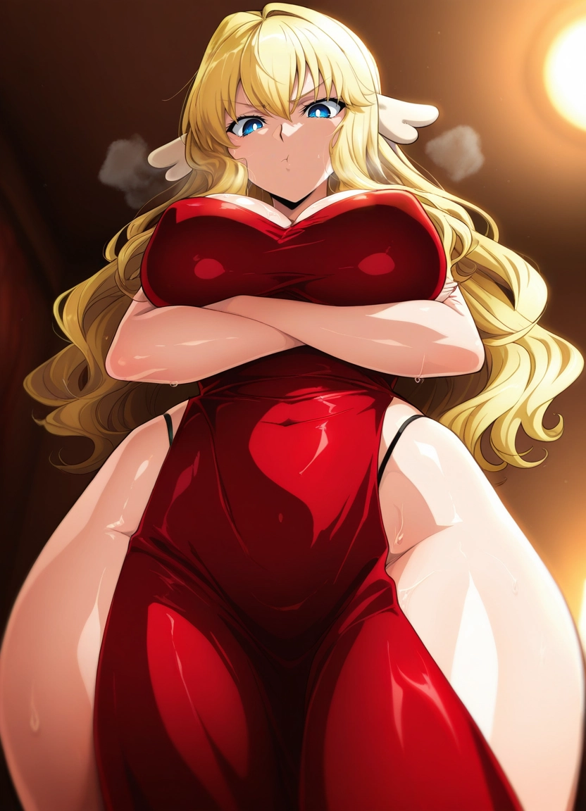 1girl, breasts, blonde hair, dress, red dress, blue eyes · Yamete.gg