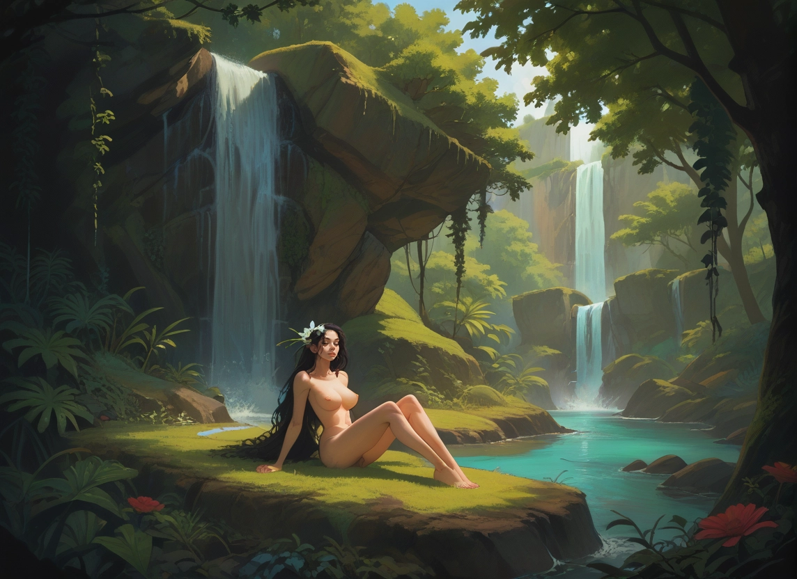 1girl, breasts, nude, nipples, water, waterfall · Yamete.gg