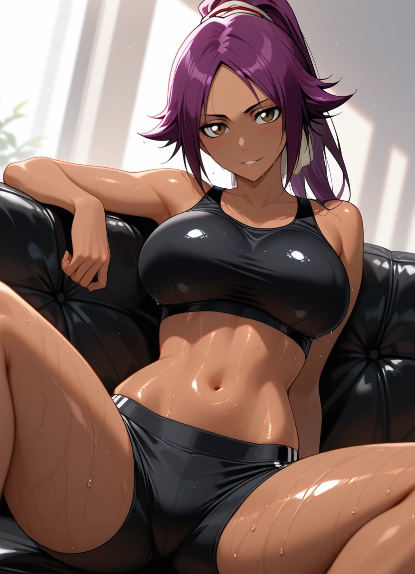 1girl, shihouin yoruichi, solo, breasts, dark-skinned female, dark skin