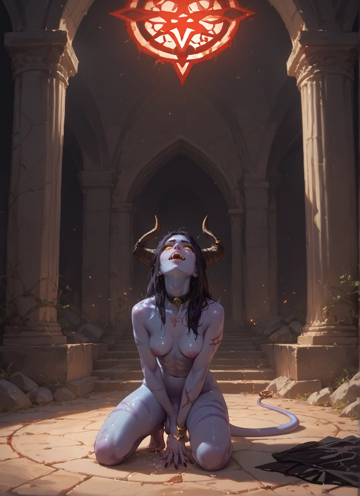 1girl, breasts, horns, nipples, solo, tail · Yamete.gg