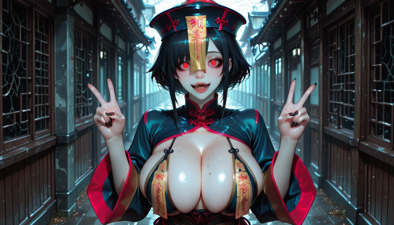1girl, breasts, mole on breast, jiangshi, v, red eyes · Yamete.gg