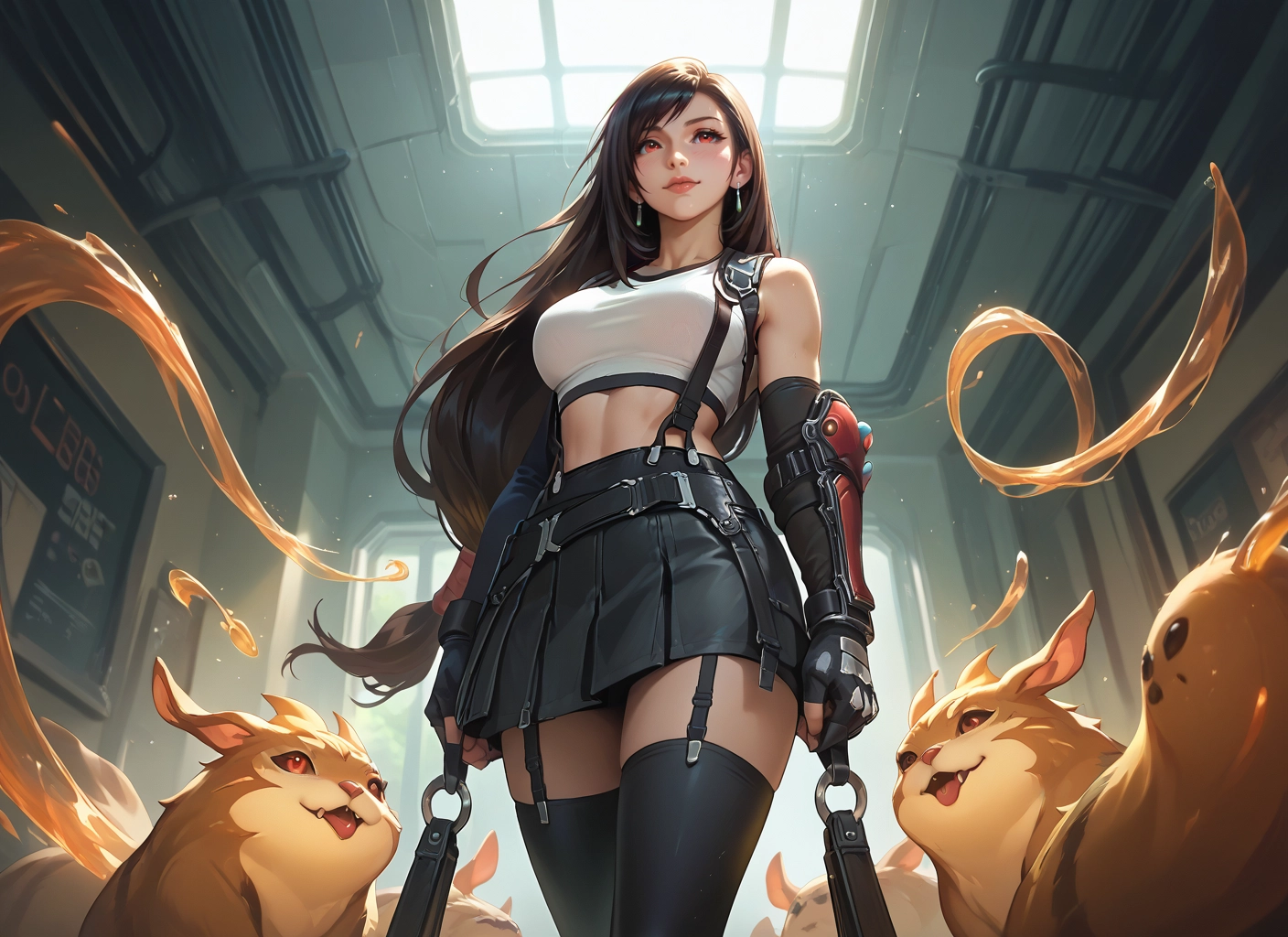 1girl, long hair, skirt, thighhighs, gloves, suspenders