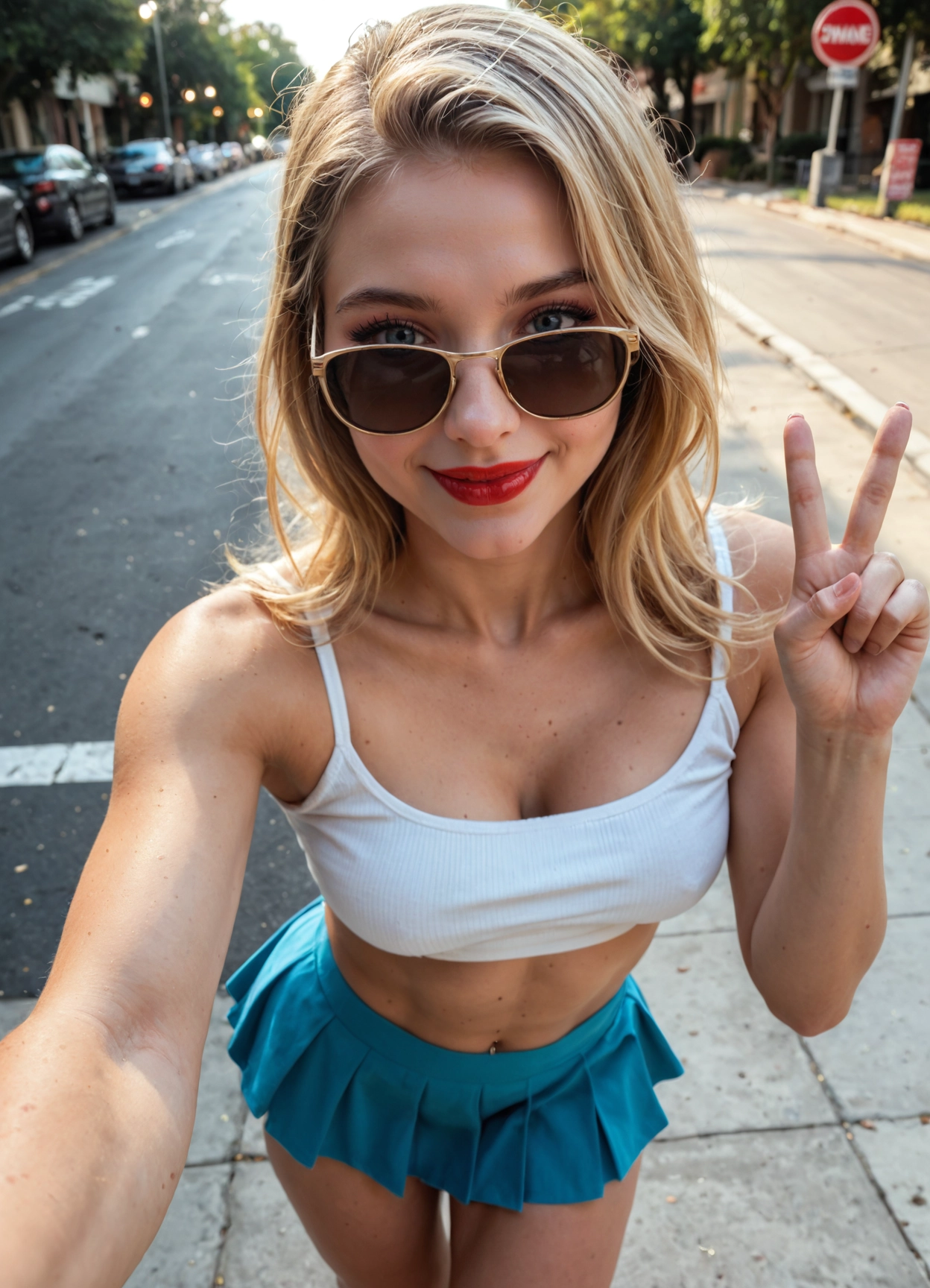 1girl, solo, v, piercing, skirt, sunglasses · Yamete.gg