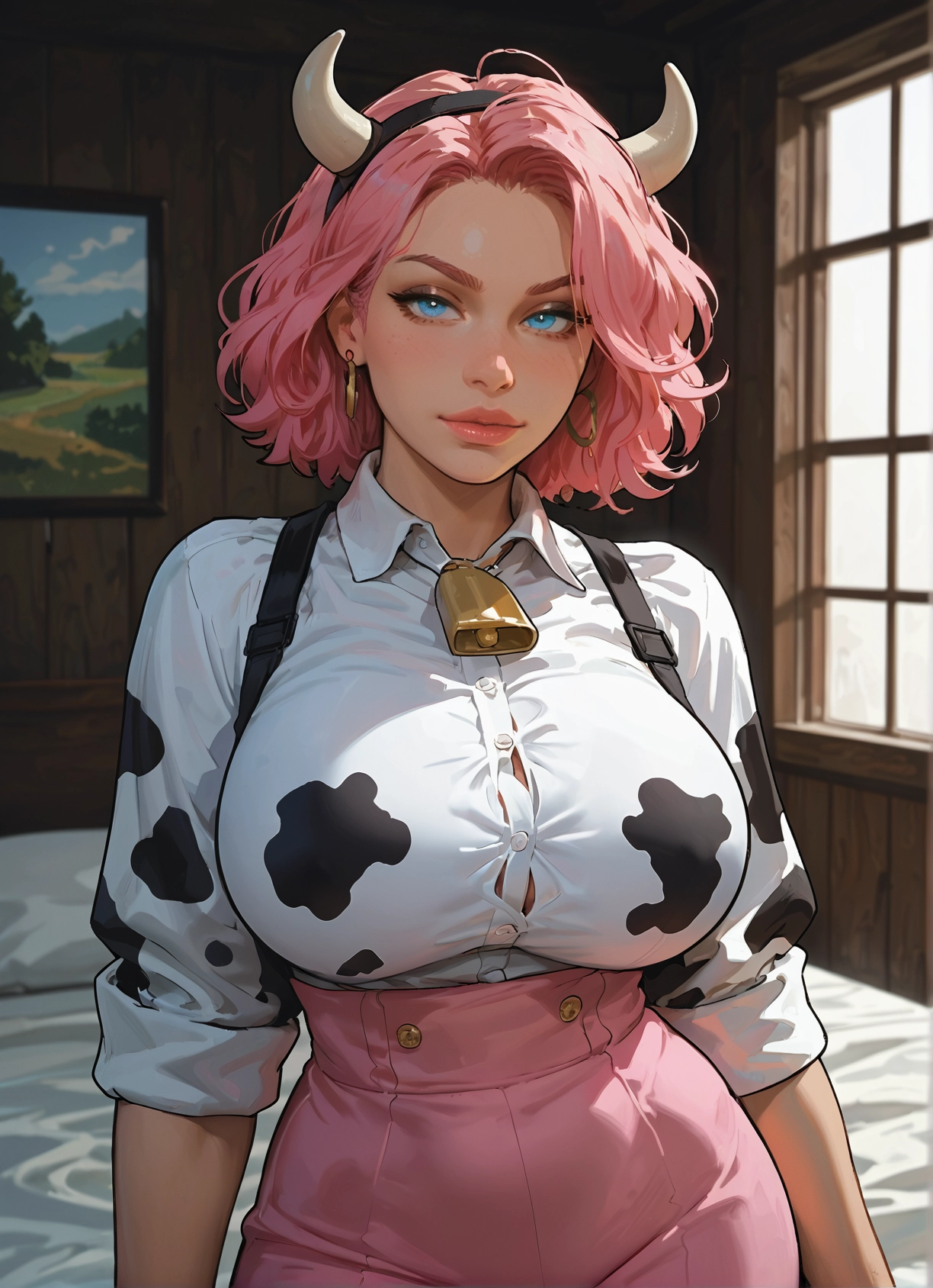 1girl, breasts, pink hair, animal print, horns, cow print · Yamete.gg
