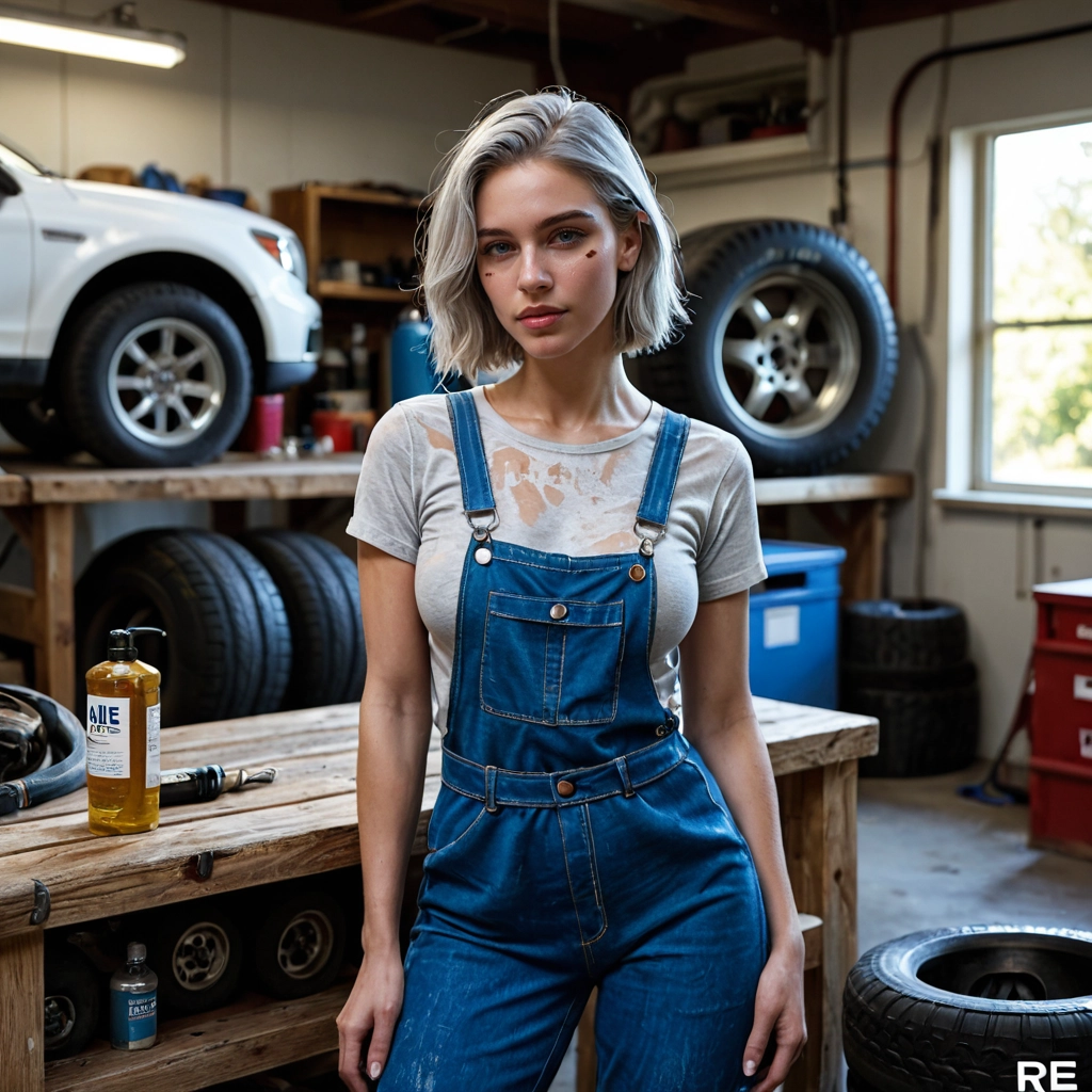 1girl, realistic, solo, overalls, denim, blurry background · Yamete.gg