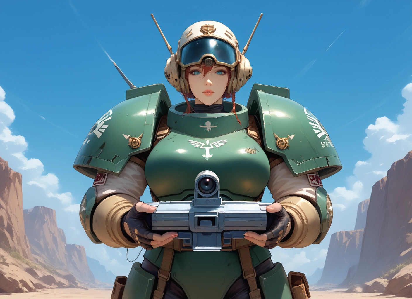 1girl, weapon, solo, gun, gloves, blue eyes · Yamete.gg