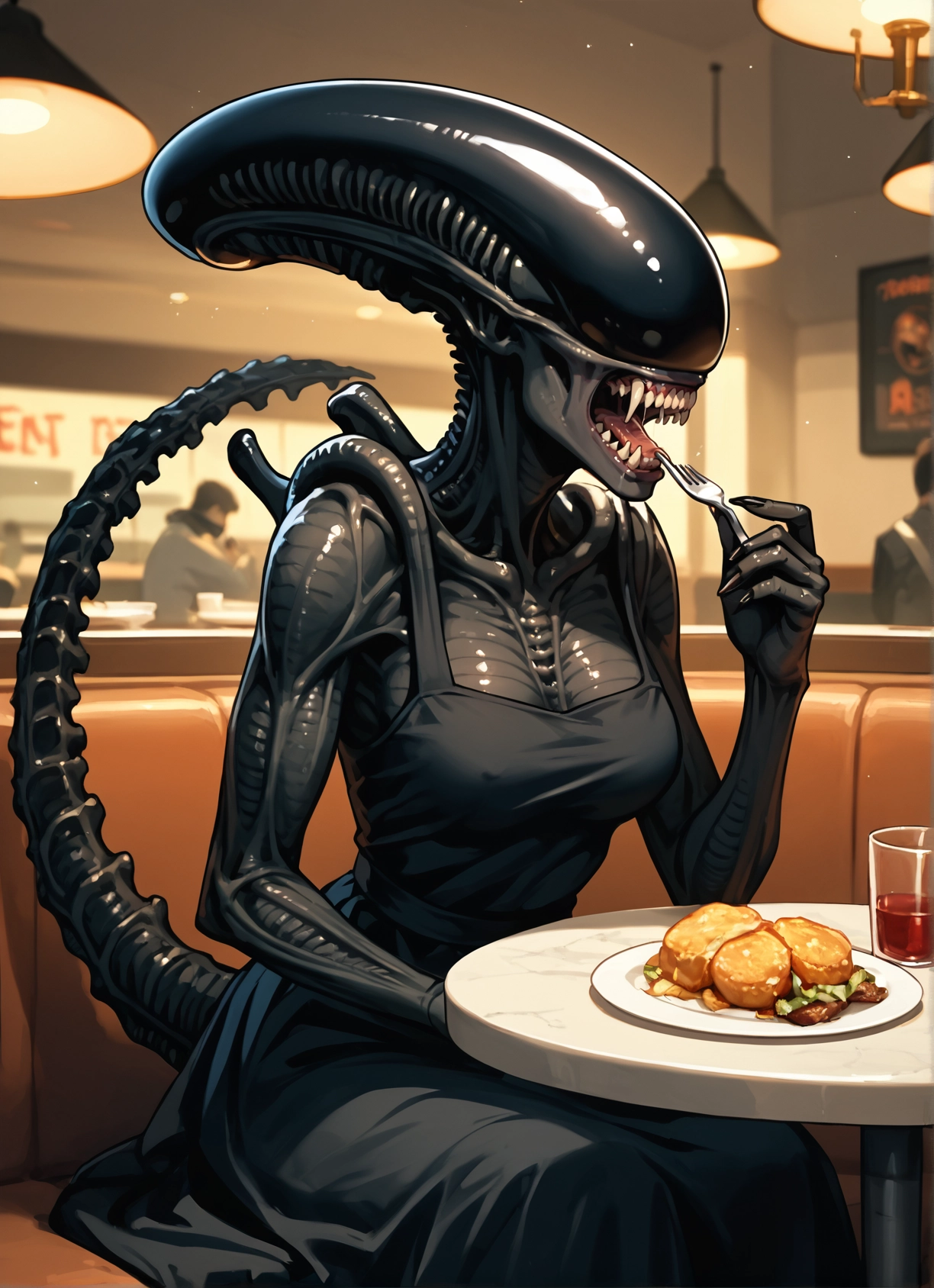 food, dress, fork, burger, teeth, sitting · Yamete.gg