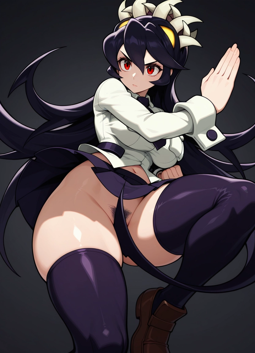 1girl, filia (skullgirls), red eyes, solo, thighhighs, breasts · Yamete.gg